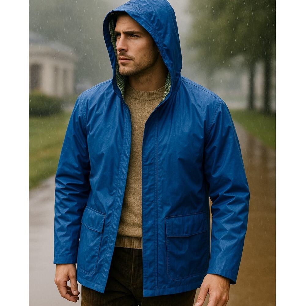 Totes Blue Plaid Flannel Lined‎ Hooded Full-Zip Raincoat Jacket Mens Size Large